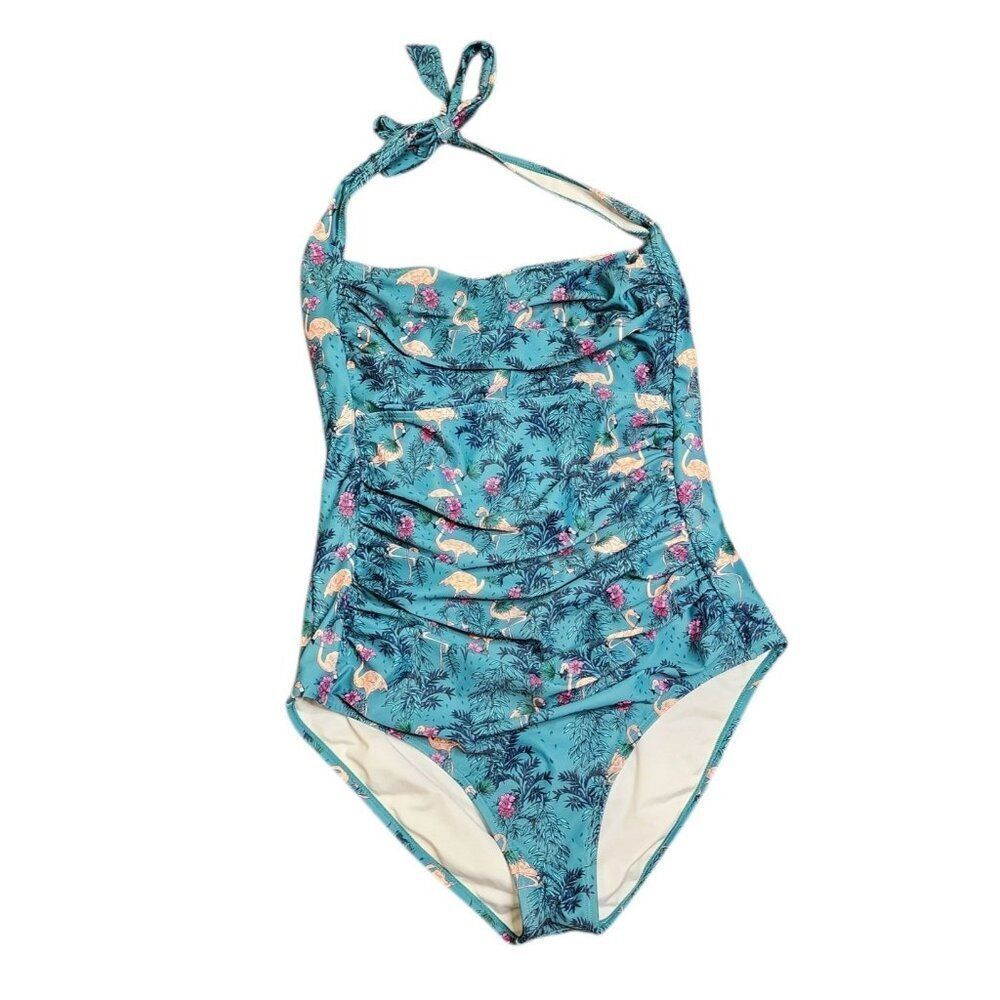 Halter Neck Flamingo Retro One Piece Bathing Suit Size XL Teal Blue